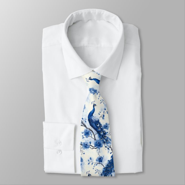 Corbata Elegante Chinoiserie Blue Peacock acuarela (Atado)