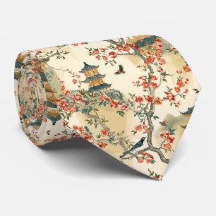 Corbata Elegante Chinoiserie - Pagodas, Flores y Aves