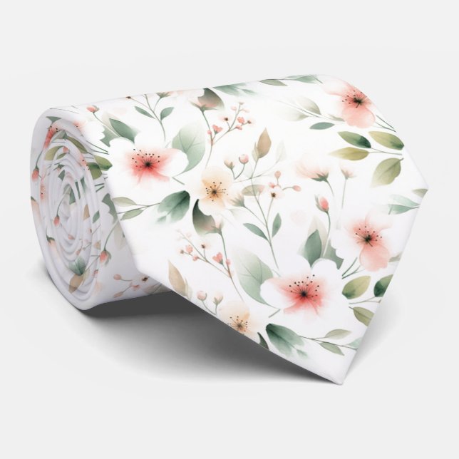 Corbata elegante con flores en melocotón rosa y ve (Enrollado)