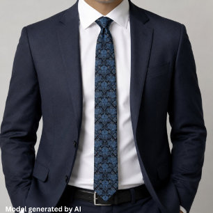 Corbata Elegante Damasco Azul - Floral Barroco Antiguo