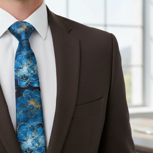 Corbata Elegante Floral Abstracto Azul y Dorado