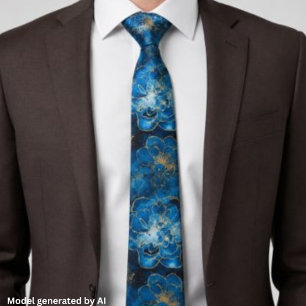 Corbata Elegante Floral Abstracto Azul y Dorado