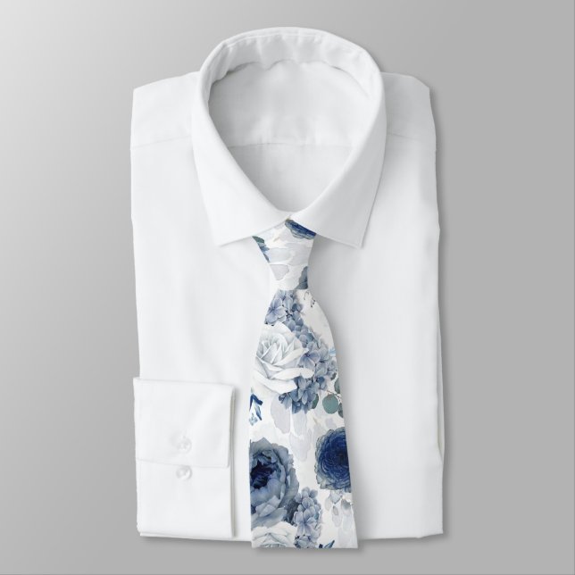 Corbata Elegante Floral Botánico Chic Azul Polvoriento par (Atado)