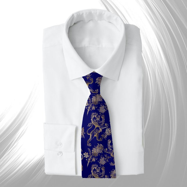 Corbata Elegante Floral de León de Oro Azul (Subido por el creador)