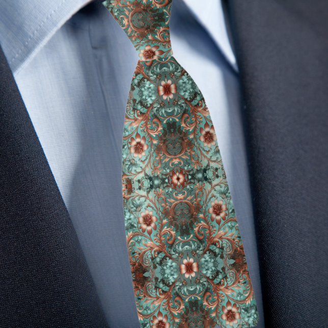 Corbata Elegante Floral Formal de Cobre y Turquesa (Subido por el creador)
