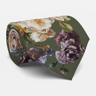 Corbata Elegante Floral Oscuro Vintage en Verde Oliva