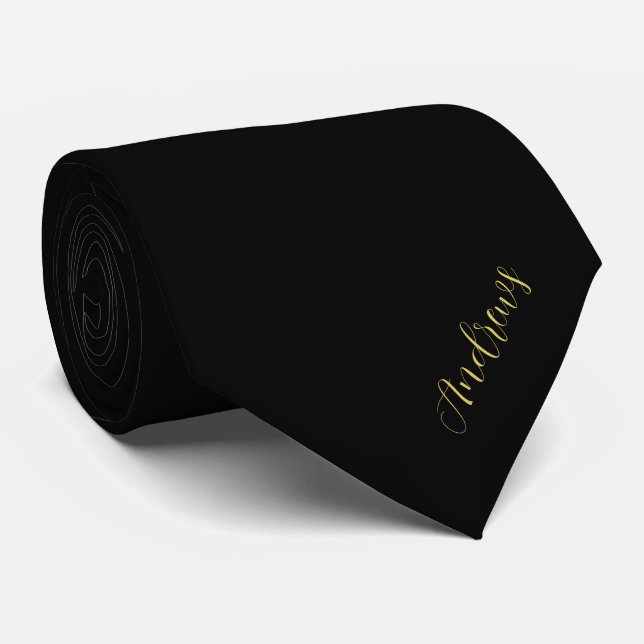 Corbata Elegante Guión Personalizado Negro Y Oro (Enrollado)