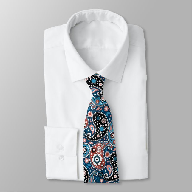 Corbata Elegante impresión paisley azul y roja persa (Atado)