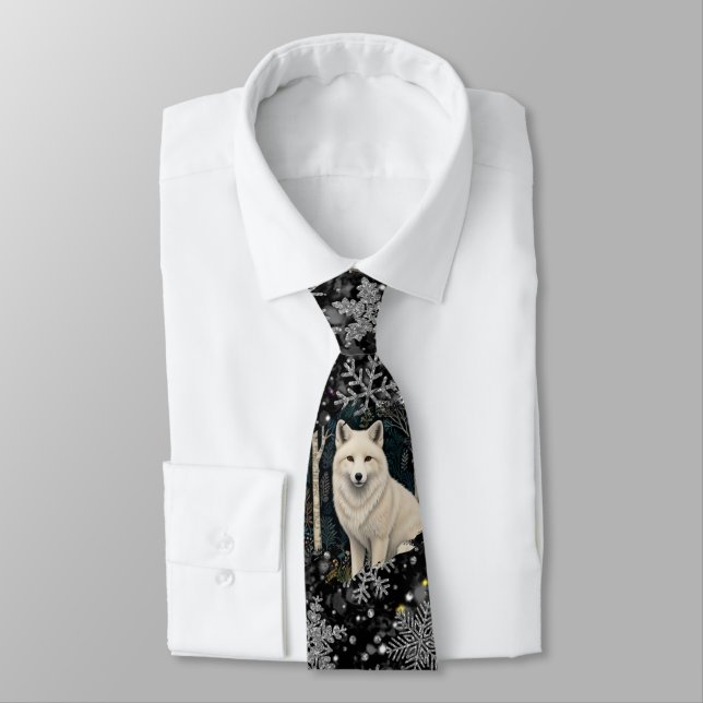 Corbata Elegante lobo blanco de Navidad con copos de nieve (Atado)