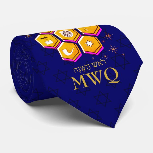 Corbata Elegante Monograma de Rosh Hashanah SHANA TOVA (Enrollado)