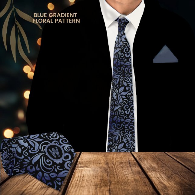 Corbata Elegante Monograma floral de gradiente azul negro (Elegant Black Blue Gradient Floral Monogram Neck Tie)