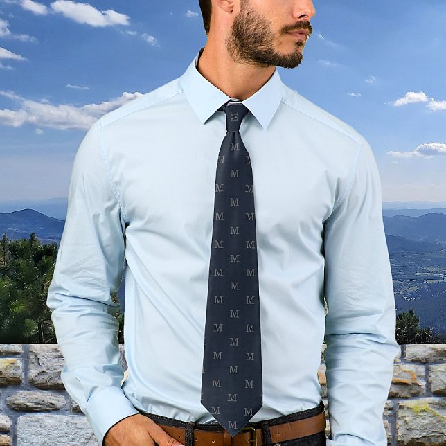 Corbata Elegante Monograma gris azul de la marina personal (Subido por el creador)
