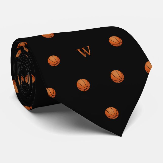 Corbata Elegante Naranja Baloncesto Monograma Inicial Negr (Enrollado)