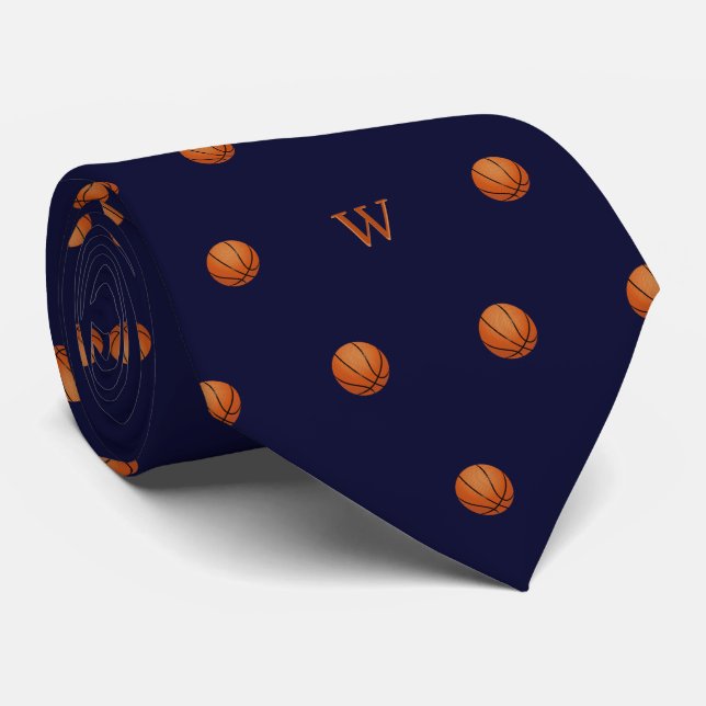 Corbata Elegante Naranja Baloncesto Monogramado Azul Inici (Enrollado)
