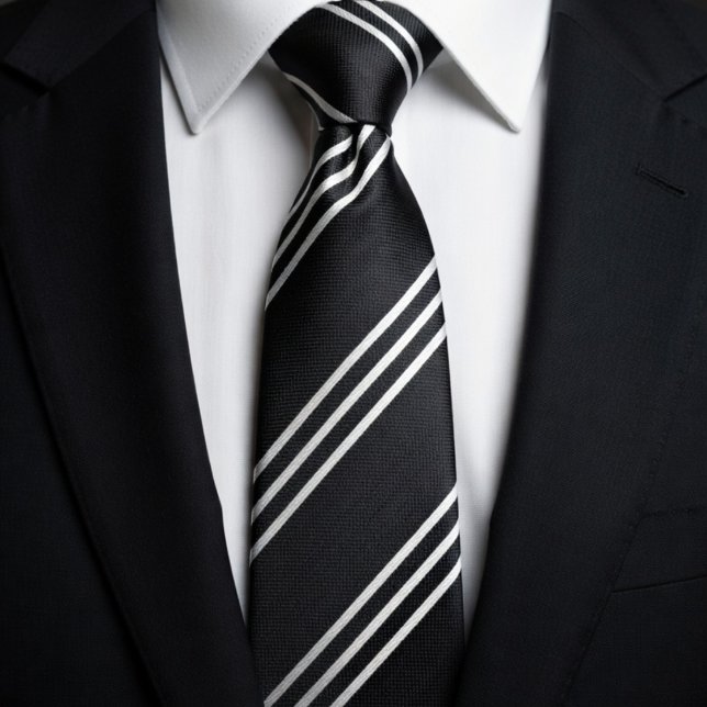 Corbata Elegante Negro con 3 Líneas Blancas (Subido por el creador)