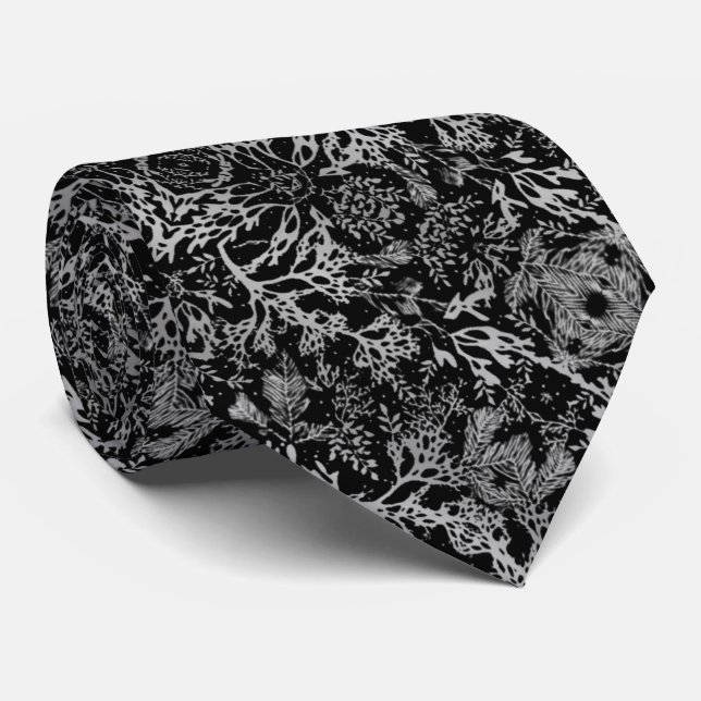 Corbata elegante negro con coral y hojas gris (Enrollado)