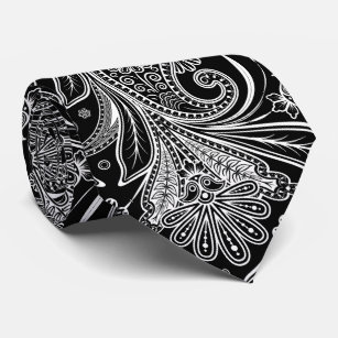 Corbata Elegante Paisley Blanca Sobre Fondo Negro