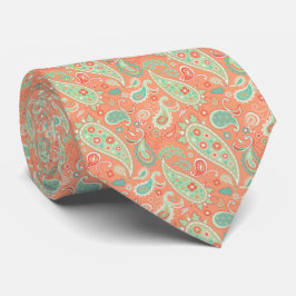Corbata Elegante Paisley de Coral y Floral Verde Mint
