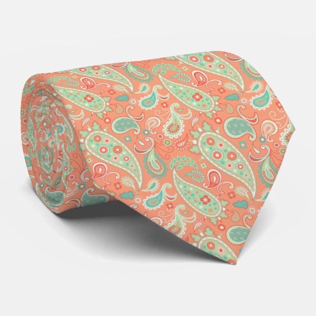 Corbata Elegante Paisley de Coral y Floral Verde Mint (Enrollado)