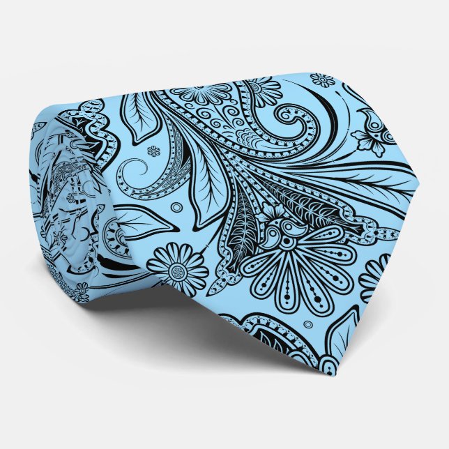 Corbata Elegante Paisley Negra En Fondo Azul (Enrollado)