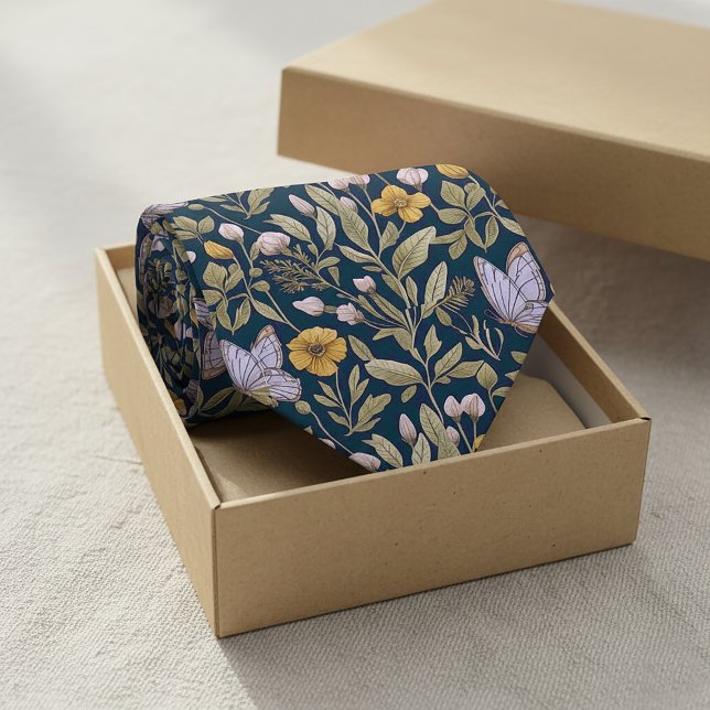 Corbata Elegante patrón botánico con mariposas sobre fondo (Elegant Botanical Pattern with Butterflies on Dark Neck Tie #botanical #darknecktie #floraltie)