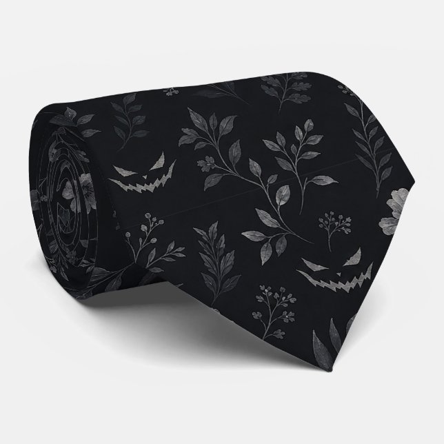 Corbata Elegante patrón botánico de Halloween oscuro – Neg (Enrollado)