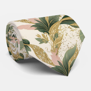 Corbata Elegante patrón botánico de hojas en oro y verde