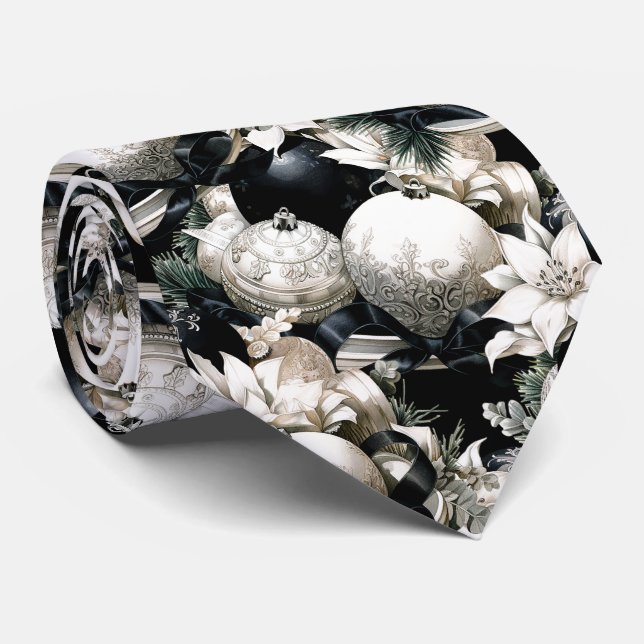 Corbata Elegante patrón de adorno de Navidad blanco y negr (Enrollado)