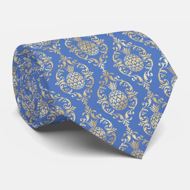 Corbata elegante patrón de baldosa adamascado de piña azul (Enrollado)