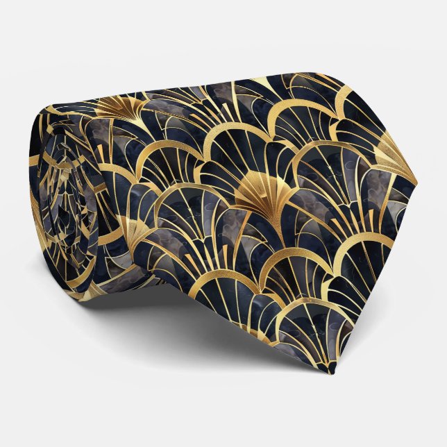 Corbata Elegante patrón de baldosas de oro negro art deco (Enrollado)