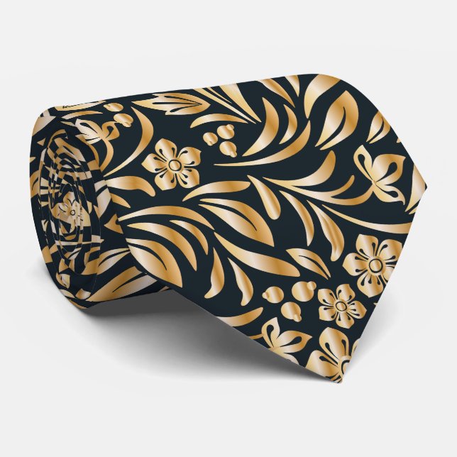 Corbata elegante patrón de baldosas florales de oro negro (Enrollado)