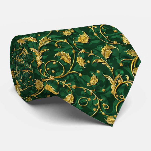 Corbata Elegante patrón de baldosas verde dorado (Enrollado)