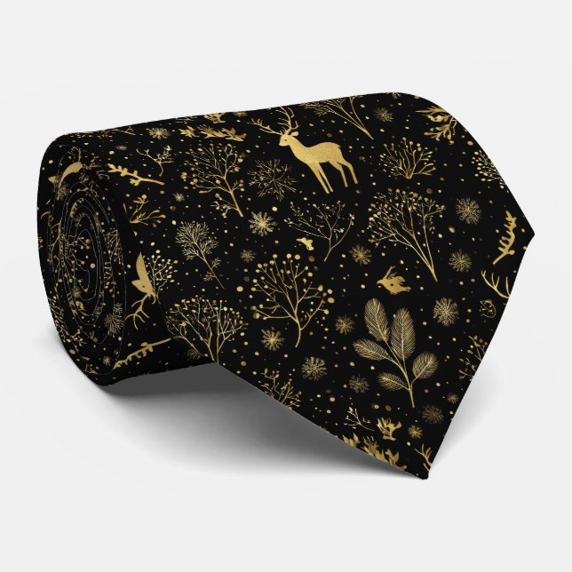 Corbata Elegante patrón de bosque invernal dorado (Enrollado)