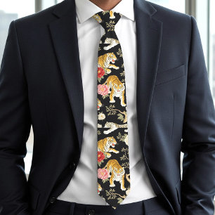Corbata Elegante patrón de chinoiserie de tigre y peonía n