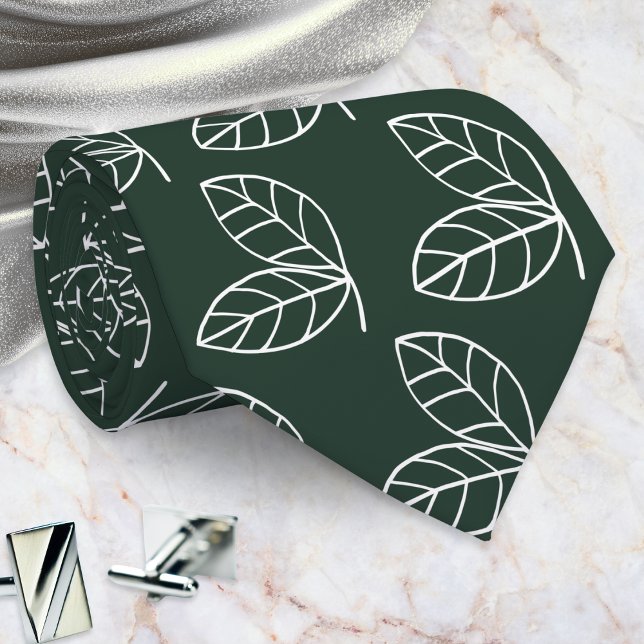 Corbata Elegante patrón de hoja verde oscuro (A dark green tie with a pattern of white line-art leaves in a modern style)