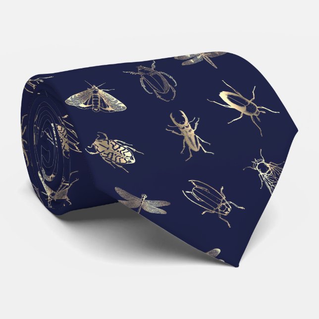 Corbata elegante patrón de insectos en azul oscuro (Enrollado)