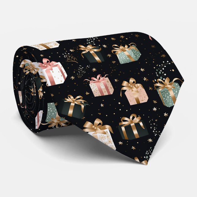 Corbata Elegante Patrón de Regalos de Navidad Negro Festiv (Enrollado)