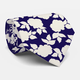 Corbata Elegante patrón floral azul oscuro y blanco