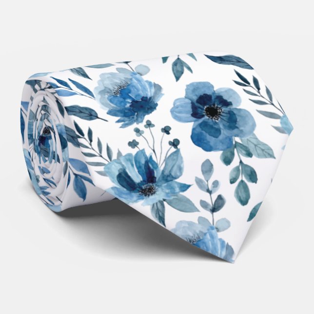 Corbata Elegante Patrón Floral Azul Para Bodas (Enrollado)