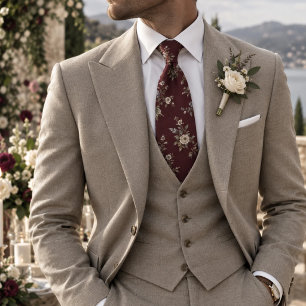 Corbata Elegante patrón floral botánico patrimonial Merlot