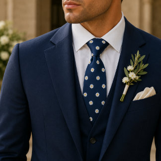 Corbata Elegante patrón floral de margarita micro navy