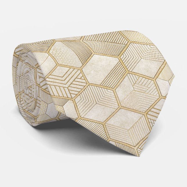 Corbata Elegante patrón geométrico de hexágono de oro - Má (Enrollado)