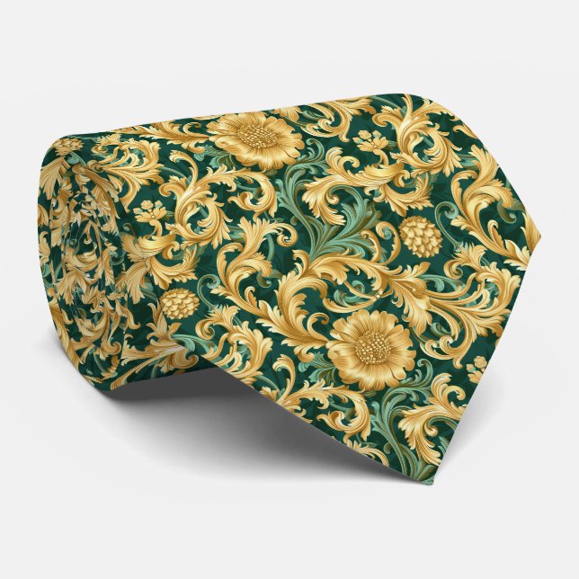Corbata Elegante patrón verde dorado con baldosas (Enrollado)