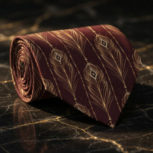 Corbata Elegante pluma de pavo real borgoña y dorado