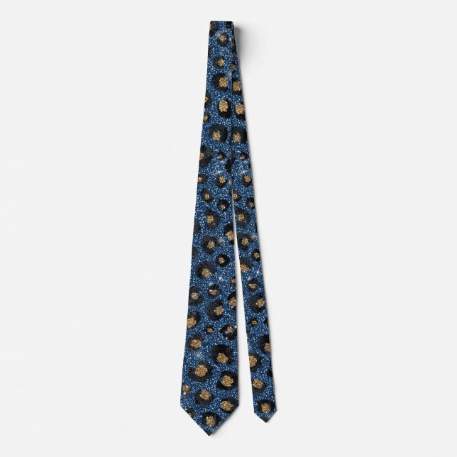 Corbata Elegante Purpurina azul negro Leopardo de oro (Anverso)