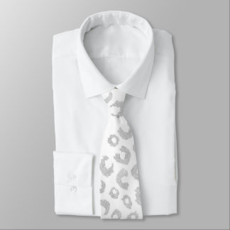Corbata Elegante Purpurina de Plata Blanca Leopardo Impres