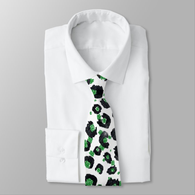 Corbata Elegante Purpurina Verde Leopardo negro impresión  (Atado)