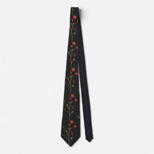 Corbata Elegante rama floral roja vintage sobre negro