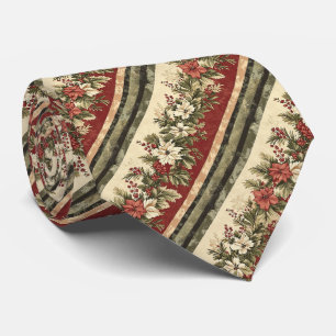 Corbata Elegante raya botánica de Navidad en rojo y verde