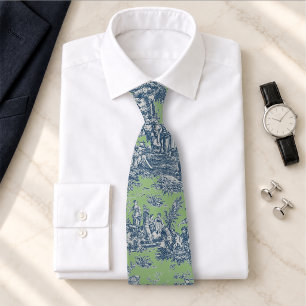 Corbata Elegante tela de jouy verde azul vintage impresa